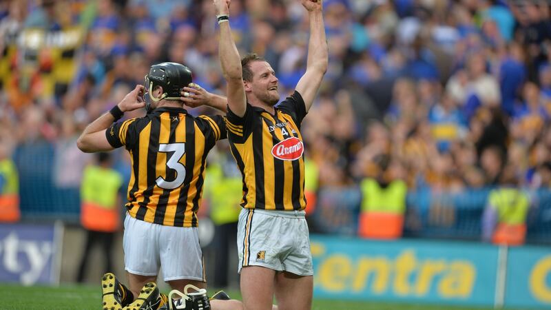 JJ Delaney and Jackie Tyrrell celebrate the final whistle following  victory over Tipperary in the All Ireland senior hurling final replay in 2014. Photograph: Alan Betson