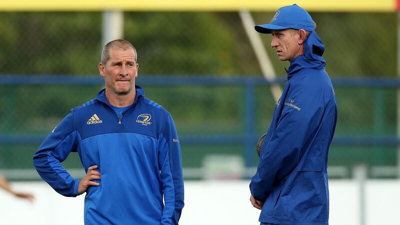 Leinster senior coach Stuart Lancaster and head coach Leo Cullen during training in Dublin. Photograph: Bryan Keane/Inpho