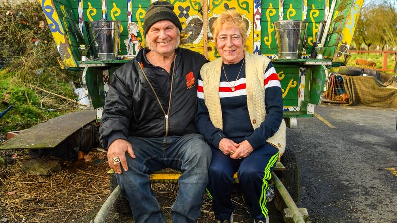 Willie and Nelly Reilly outside their traditional wagon in Cashel, Co Tipperary. Photograph: Diarmuid Greene
