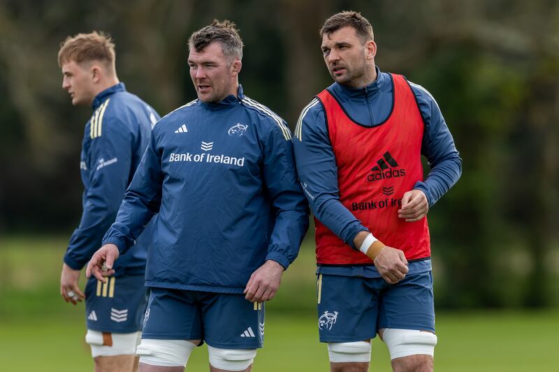 Munster's Peter O’Mahony and Tadhg Beirne during a squad training session at University of Limerick on Tuesday. Photograph: Morgan Treacy/Inpho