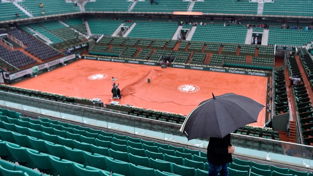 Monday’s action in the French Open ar Roland Garros was abandoned due to rain. Photograph: Getty