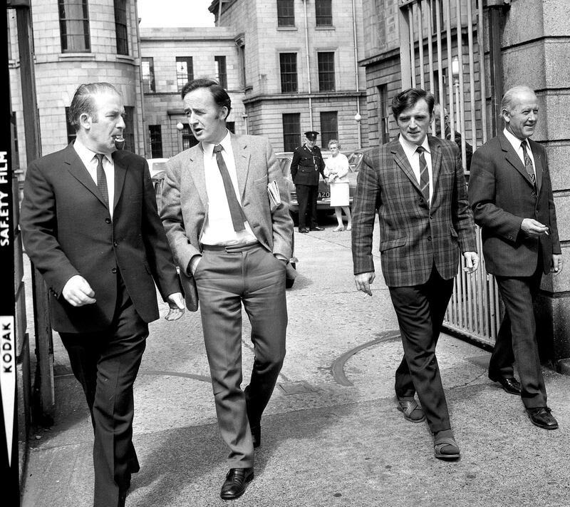Neil Blaney, James Kelly, John Kelly and Albert Luykx leave the Circuit Criminal Court, Dublin. Photograph: Dermot Barry