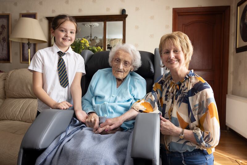 Ruby Druce with her great grand-niece Ruby Shields and her niece, Carmel Harran from Castlefin in Co Donegal. Photograph: Joe Dunne