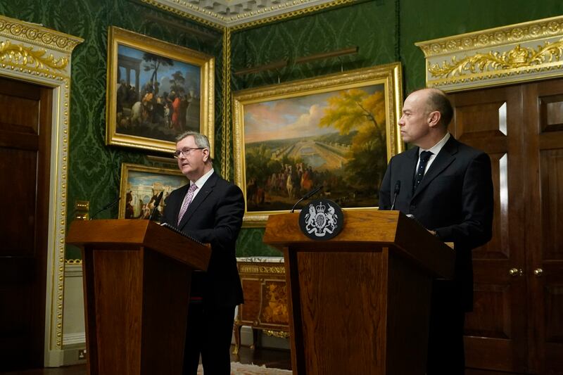 Donaldson (left) and Heaton-Harris during a joint press conference at Hillsborough Castle. Photograph: Niall Carson/PA Wire