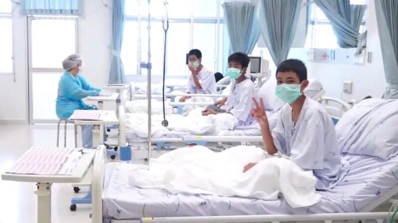 Thai cave rescue: some of the Wild Boars in hospital after being saved. Photograph: HO/AFP/Getty