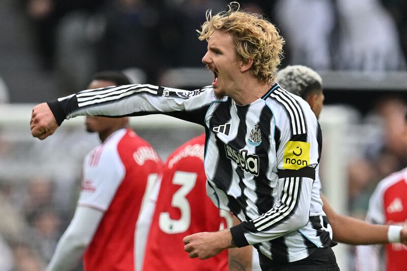 Nick Woltemade celebrates scoring Newcastle's goal against Arsenal. Photograph: Andy Buchanan/AFP via Getty Images)         