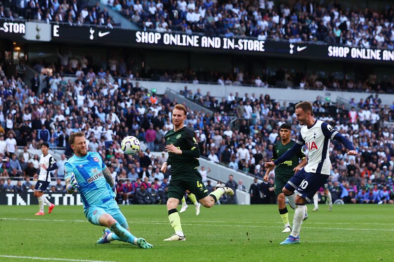 James Maddison scores for Tottenham Hotspur against Brentford at Tottenham Hotspur Stadium. Photograph: Marc Atkins/Getty Images