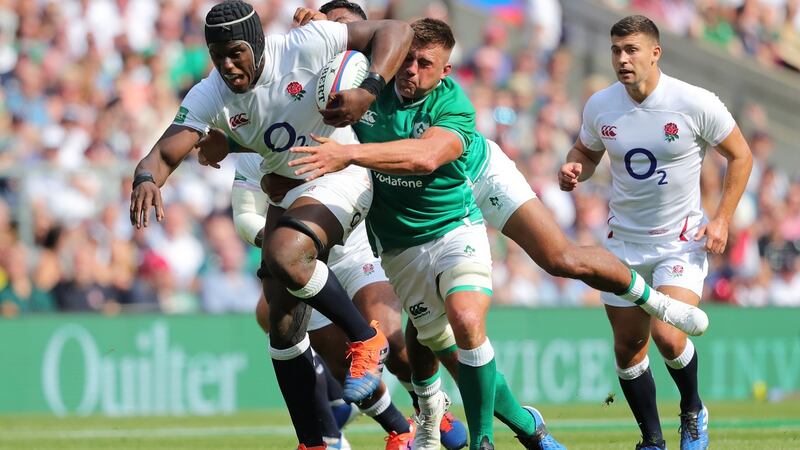 CJ Stander tries to stall Maro Itoje during Ireland’s thrashing in London. Photograph: Mike Hewitt/Getty