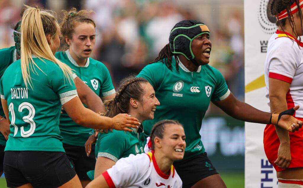 Ireland's Linda Djougang celebrates after Eve Higgins scores Ireland's third try during the Women's Rugby World Cup Pool C match against Spain at Franklin's Gardens in Northampton. Photograph: Ben Brady/Inpho