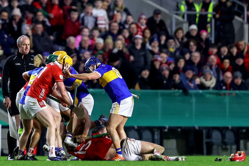 Cork's William Buckley ends up on the ground as tempers flare during last Saturday's Allianz Hurling League Division 1A match against Tipperary at Páirc Uí Chaoimh. Photograph: Ben Brady/Inpho