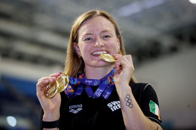Sligo swimmer Mona McSharry celebrates winning three gold medals at the European under-23 Swimming Championships. Photograph: Ben Brady/INPHO