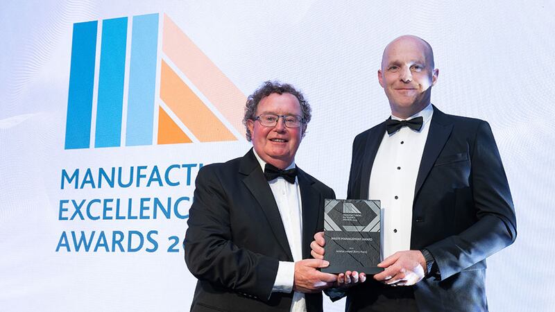 Professor Ger Kelly, committee member at Irish Manufacturing Council, presents the waste management award to Eoghan Barry, Astellas Ireland (Kerry Plant)