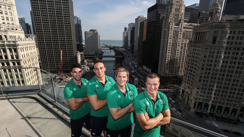 Ireland’s Conor Murray, Ultan Dillane, Jamie Heaslip and Josh van der Flier strike a pose with the Chicago skyline in the background. Photograph: Dan Sheridan/Inpho