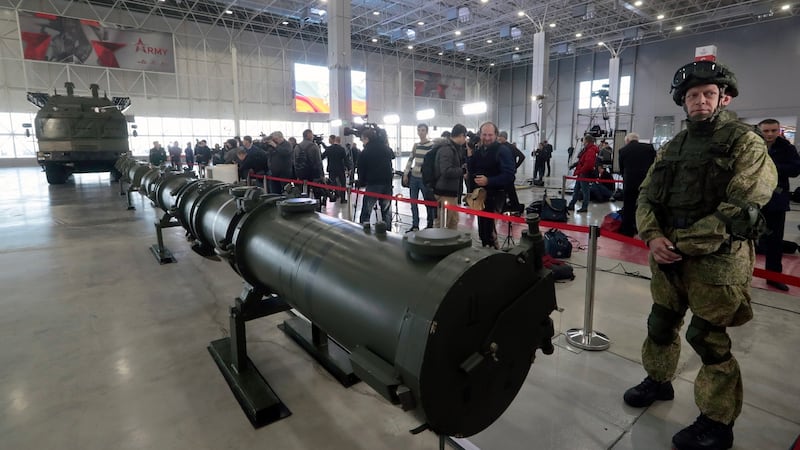 A  Russian military serviceman stands near the Iskander M Missile complex during a briefing on the issue of creation ground-based cruise missile 9M729 at Patriot military exhibition center in Moscow region last month. Photograph: EPA