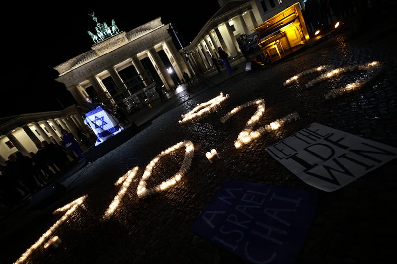 A commemoration event in front of the Brandenburg Gate in Berlin, Germany, one month after the Hamas-led attack on Israel in October 2023. Photograph: EPA