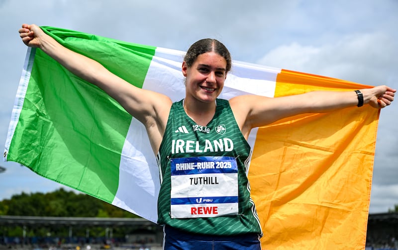 Nicola Tuthill celebrates after finishing second in the women's hammer throw final at the World University Games in Bochum, Germany. Photograph: Shauna Clinton/Sportsfile