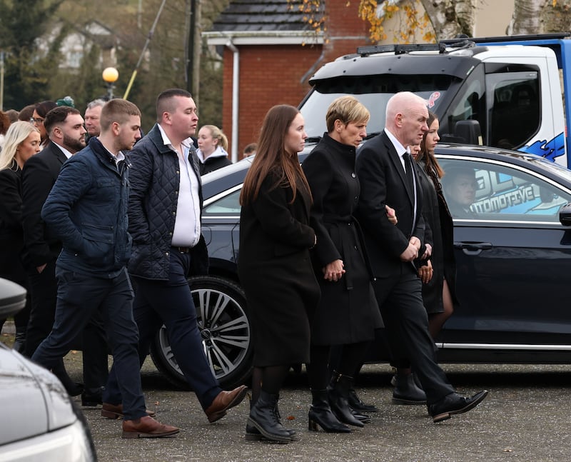 Mourners arrive at the Church of the Nativity of Our Lady in Ardee, Co Louth for the funeral Mass of Dylan Commins (23). Photograph: Colin Keegan/Collins