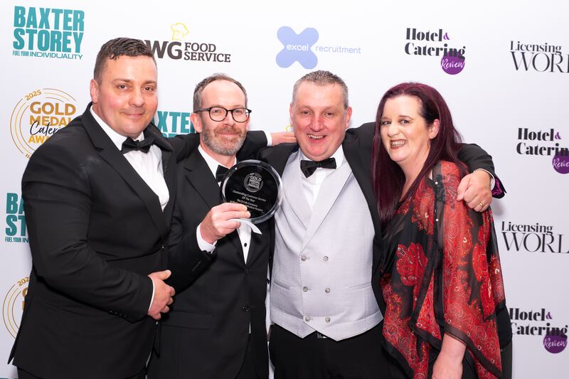 Lucien Clelariu, chef manager at Blackrock & Wicklow Hospice; Pierre Phillips, chef manager at Blackrock & Wicklow Hospice; Martin Byrne, area support manager at The Q Café Company; and Karen Dalton, craft development chef at The Q Café Company. 
Photographer: Ruben Morrissey-Fernandez/Ruby Productions