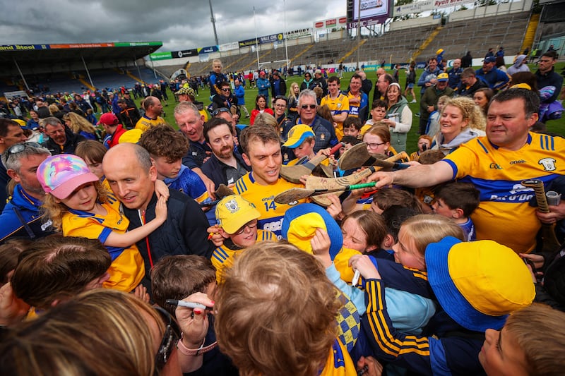 Clare’s Shane O’Donnell surrounded by fans after the game. Photograph: Ryan Byrne/Inpho