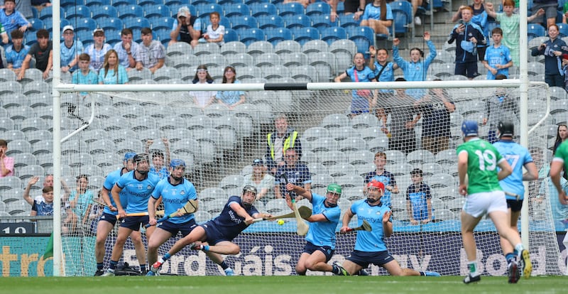 Dublin goalkeeper Seán Brennan saves a late free. Photograph: James Crombie/Inpho