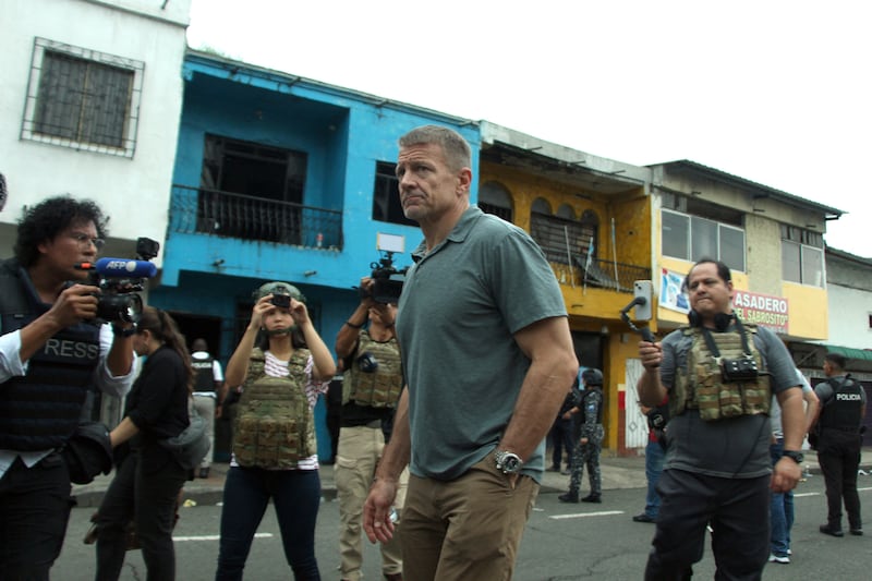 Erik Prince arrives at a press conference after an anti-crime operation in Guayaquil, Ecuador, in April 2025. Photograph: Gerardo Menoscal/AFP via Getty Images