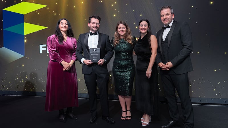 Kevin Clancy, sales manager, Ireland at Rockfon, presents the fit out project of the year - industrial award to MDO Architects team