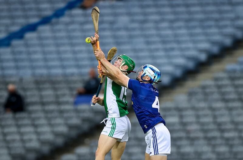 Fermanagh’s Tom Keenan with Shane Briody of Cavan in action during the Lory Meagher Cup final at Croke Park. Photograph: Tommy Dickson/Inpho 