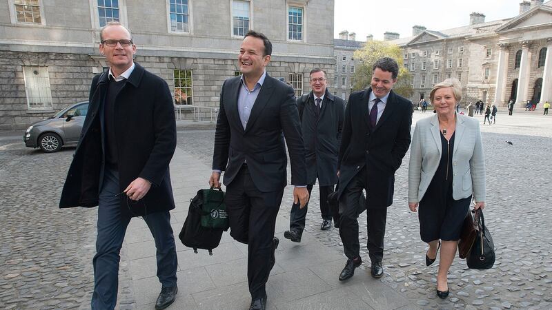 The Fine Gael negotiating team of Simon Coveney, Leo Varadkar, Paschal Donohue and Frances Fitzgerald leaving Trinity College Dublin  after talks with Fianna Fáil on forming a government concluded. Photograph: Dave Meehan/The Irish Times