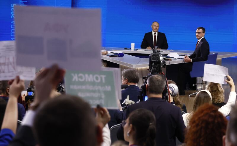 Russian president Vladimir Putin speaks during his annual live broadcast press conference. Photograph: Sergei Ilnitsky/EPA