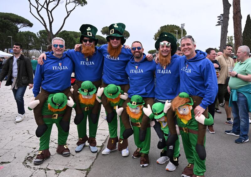 GIDDYUP for the week that's in it. Fans pose for a photo outside the stadium whilst wearing leprechaun fancy dress prior to the Guinness Six Nations game between Italy and Ireland at Stadio Olimpico. Photo: Mike Hewitt/Getty Images