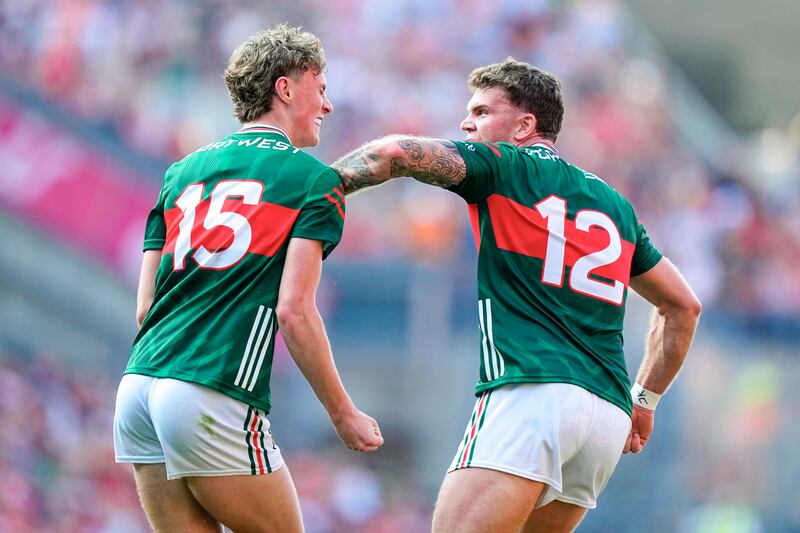 Mayo’s Kobe McDonald celebrates a score with Jordan Flynn. Photograph: James Lawlor/Inpho
