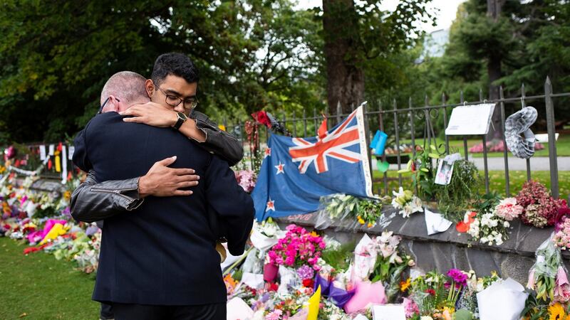Mourners   at a makeshift memorial near Al Noor mosque in Christchurch, New Zealand. Photograph: Cornell Tukiri/The New York Times