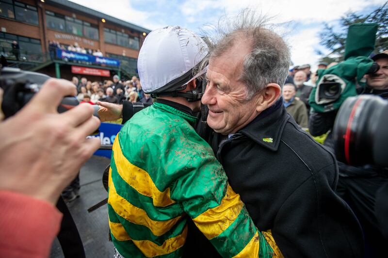 Jockey Paul Townend celebrates winning the Boylesports Irish Grand National on I Am Maximus with owner JP McManus. Photograph: ©INPHO/Morgan Treacy