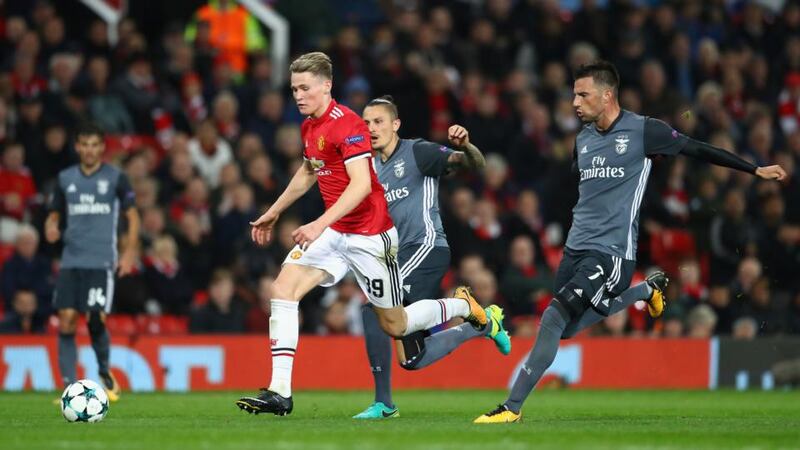 Scott McTominay: the young Manchester United player breaks free from Andreas Samaris of Benfica in October 2017. Photograph: Michael Steele/Getty