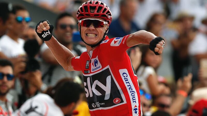 Froome crosses the finish line to win the 9th stage of the 2017 La Vuelta. Photo: Javier Lizon/Getty Images