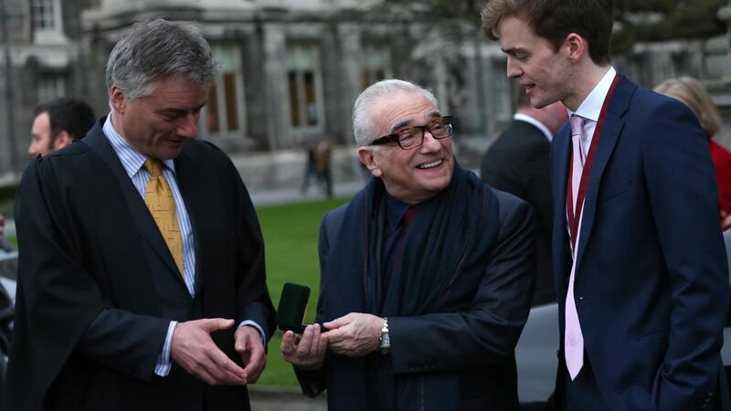 Martin Scorsese at Trinity College Dublin with  provost Patrick Prendergast and the president of the Phil, Matthew Nuding. Photograph: Laura Hutton/Collins Photo Agency