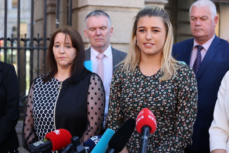 Una Ring and Eve McDowell, co-founders of Stalking Ireland, outside Leinster House in December 2021. Photograph: Dara Mac Dónaill