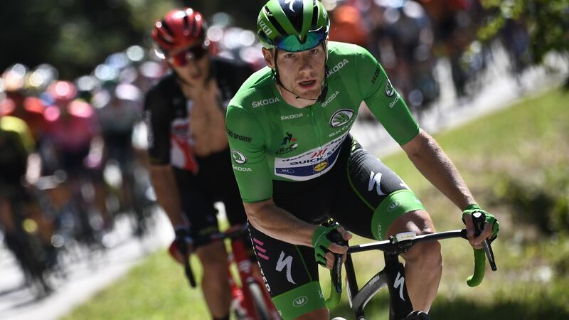 Sam Bennett: ‘That evil eye bead has now become an essential part of my bike. I hope it brings me luck and protects me from injuries.’ Photograph: Marco Bertorello/AFP