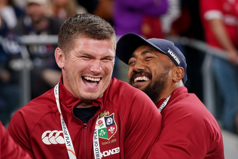 Owen Farrell and Bundee Aki after the game against the Waratahs. Photograph: Robbie Stephenson/PA