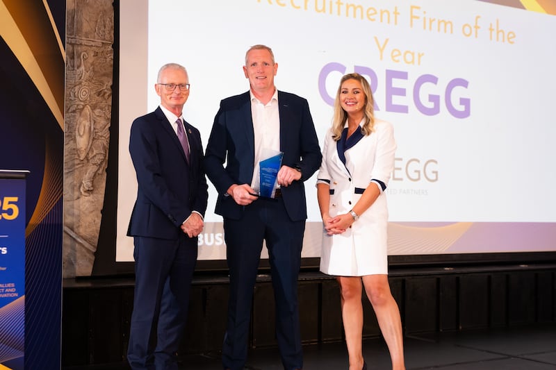 Ian Talbot, chief executive of Chambers Ireland; David Fitzgibbon, managing director at Cregg; and Anna Daly, MC of the awards. Photographer: Ruben Morrissey-Fernandez/Ruby Productions