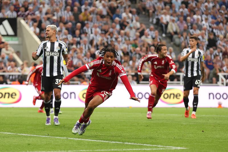 Rio Ngumoha of Liverpool wheels away to celebrate his injury time winner against Newcastle on Monday night. Photograph: George Wood/Getty