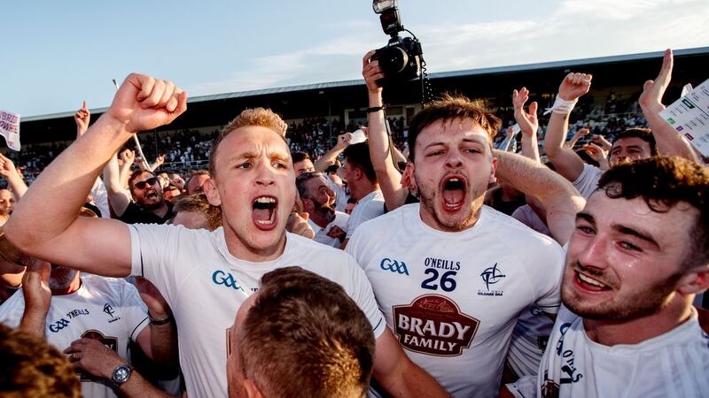 Kildare’s Tommy Moolick, Pascall Connell and Kevin Flynn celebrating  their win in Newbridge over Mayo. Photograph: James Crombie/Inpho