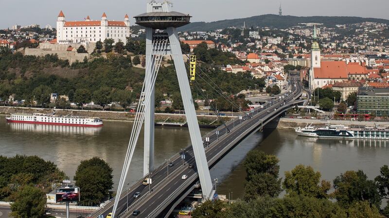 Greenpeace “No TTIP” banner on  the UFO tower  during the informal meeting of EU trade ministers in Bratislava, Slovakia. Photograph: Jakub Gavlak/EPA