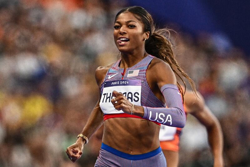 Gabrielle Thomas reacts after competing in the 200m semi-finals, August 5, 2024. (Photo by Jewel SAMAD / AFP)