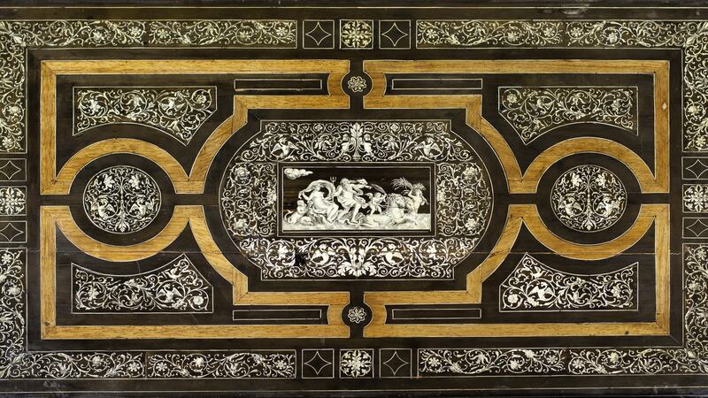 Early 19th century Italian ebonised centre table, the top decorated profusely with inlaid ivory including images of Neptune and Venus
