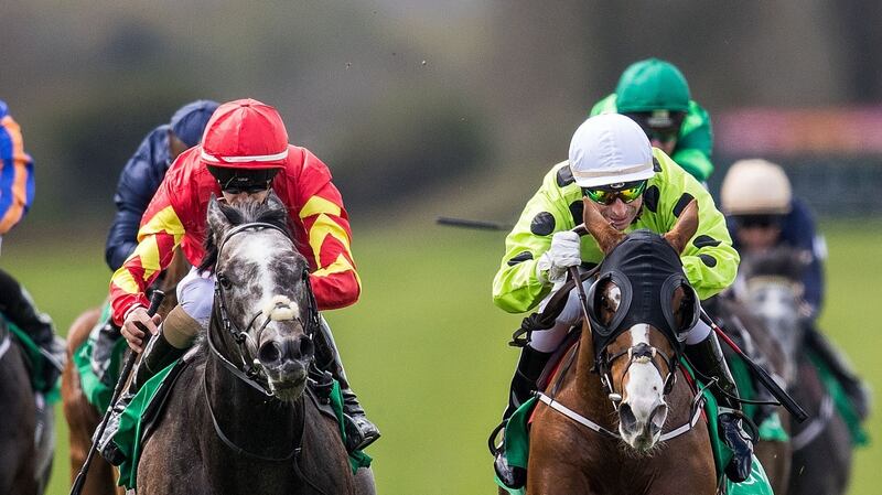 Gerald Mosse on The Broghie Man (white hat)  on the way to winning The Committed Stakes at Navan. Photograph:  Bryan Keane/Inpho