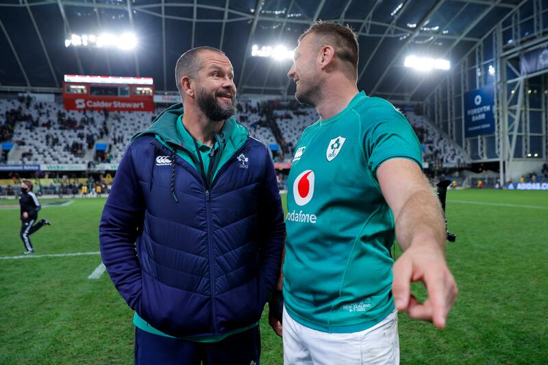 Ireland coach Andy Farrell celebrates the win over New Zealand with Tadhg Beirne. Photograph: Hagen Hopkins/Getty Images
