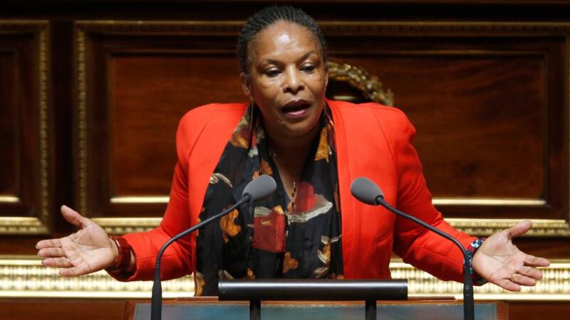 French Justice Minister Christiane Taubira delivers a speech during the opening session of debate on the same-sex marriage bill at the French senate.  Photograph: Charles Platiau /Reuters