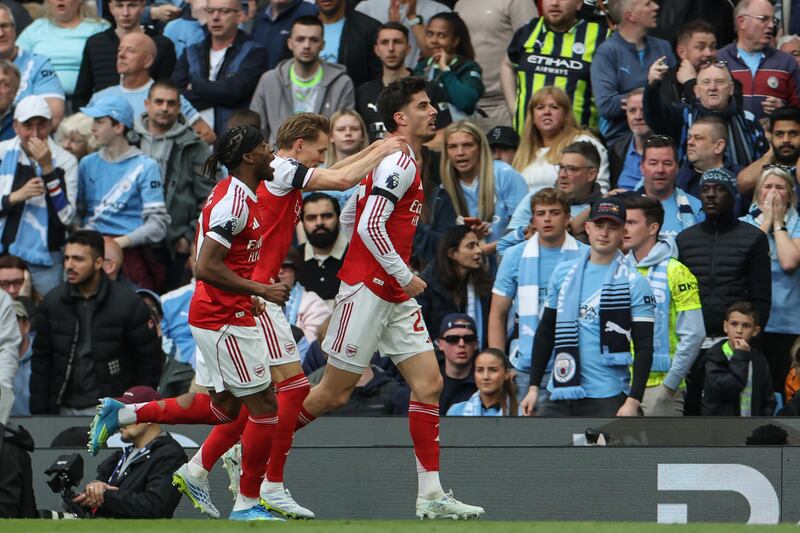 Kai Havertz celebrates after scoring for Arsenal. Photograph: Darren Staples/AFP via Getty Images