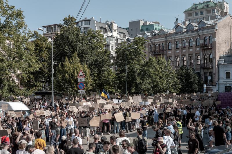 Demonstrators gather in Kyiv to protest against the dismissal of the country’s defence minister, Mykhailo Fedorov. Photograph: Jedrzej Nowicki/The New York Times